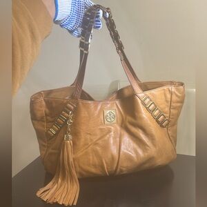 *SALE*Tory Burch Brown Leather Shoulder Bag w Detachable Logo Tassel & Mirror